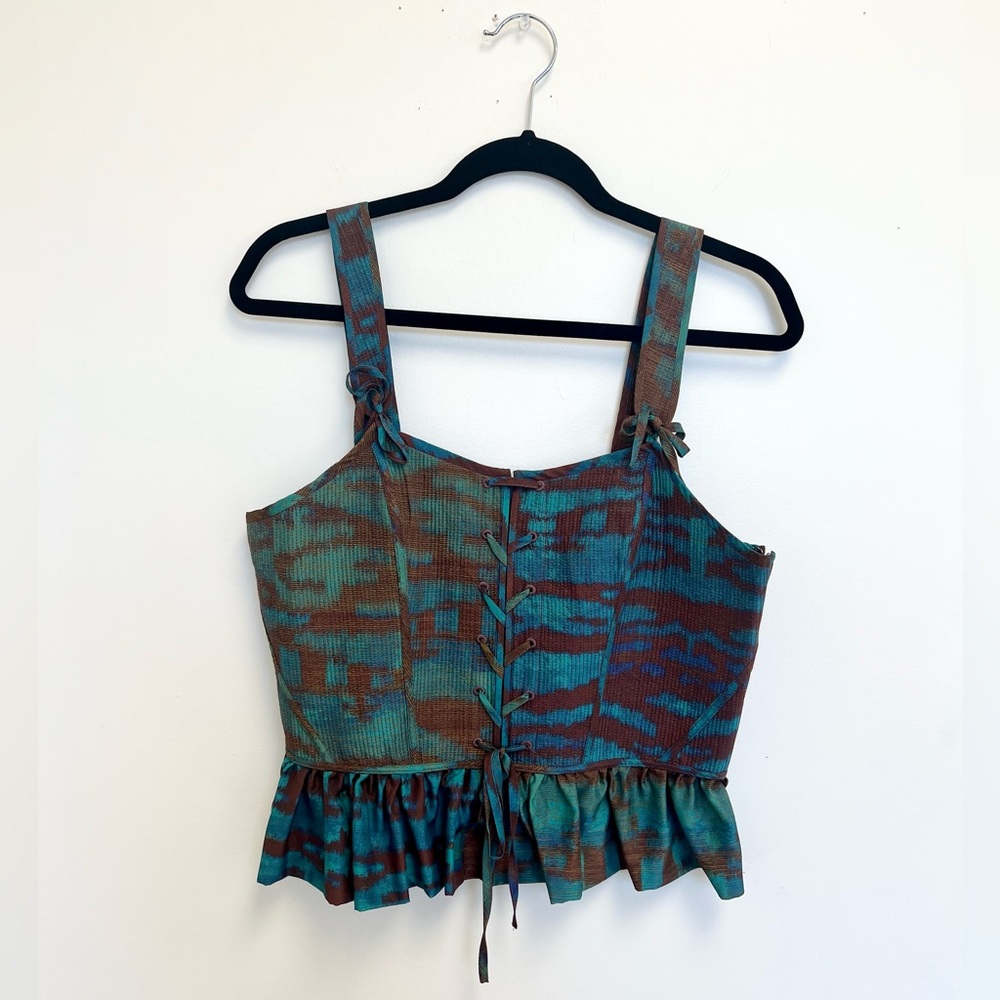 Ulla Johnson Teal and Brown Patterned Peplum Tank Top
